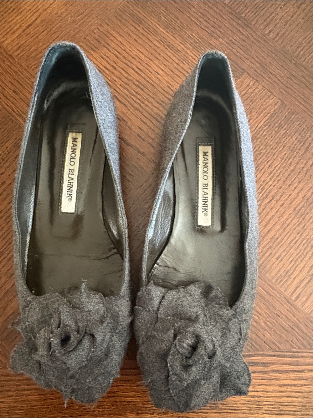 Manolo Blahnik Gray Wool Flower Flats